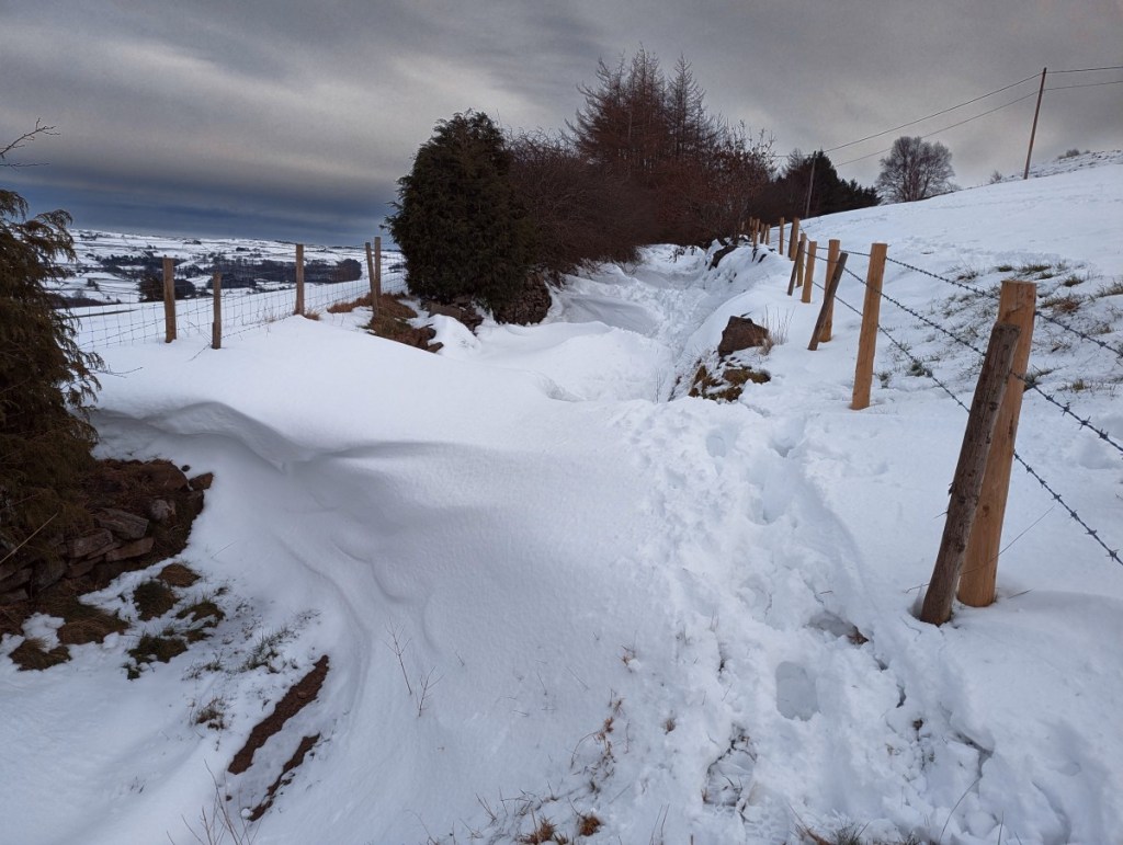 A photograph featuring deep snow drifts along an elevated path; to the upper left is a view out across the snowy landscape below, under a grey and looming sky. Footsteps can be seen leading ahead through the snow. There are wooden fence posts on both sides with metal mesh on the left and three rows of barbed wire on the right. The stony edges of dry stone walls peek out from under the snow here and there. Looking ahead, bushes and bare trees are dark and prominent against the whiteness.