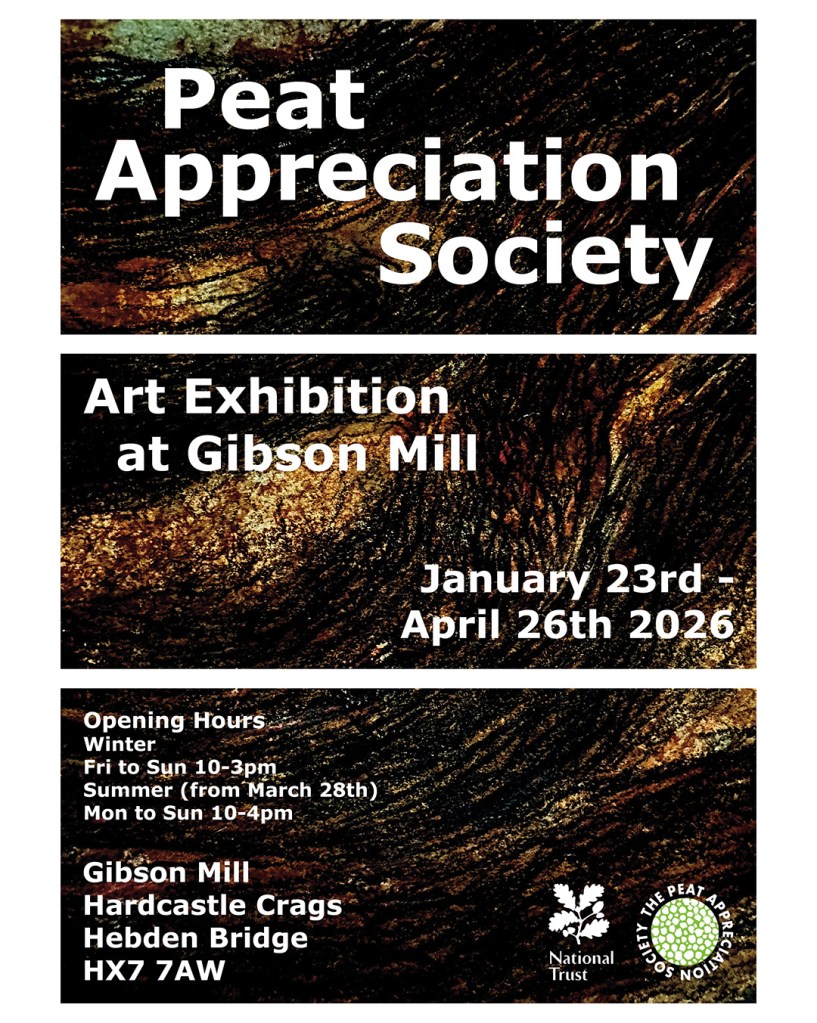 Photograph of four Peatland Charm Bracelet pieces installed for display at Gibson Mill, Hardcastle Craggs. Each piece is mounted in a white A3 frame in landscape orientation. Each one comprises a mixed media charm and companion piece of writing, mounted side by side. The charms are set against a dark rectangular back ground and the text is printed black on white. The frames are hung two by two on an off-white stone wall.