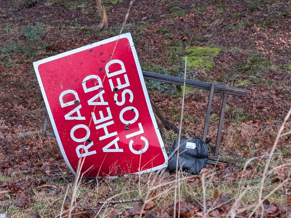 Photograph of a 'Road Ahead Closed' sign lying on its left hand edge on the woodland floor surrounded by fallen leaves.