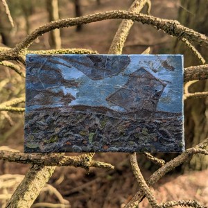 Photograph of a small, landscape-orientation mixed media artwork featuring organic mark-making in a colour palette of blues, greens and greys. The artwork is set against bare conifer branches.